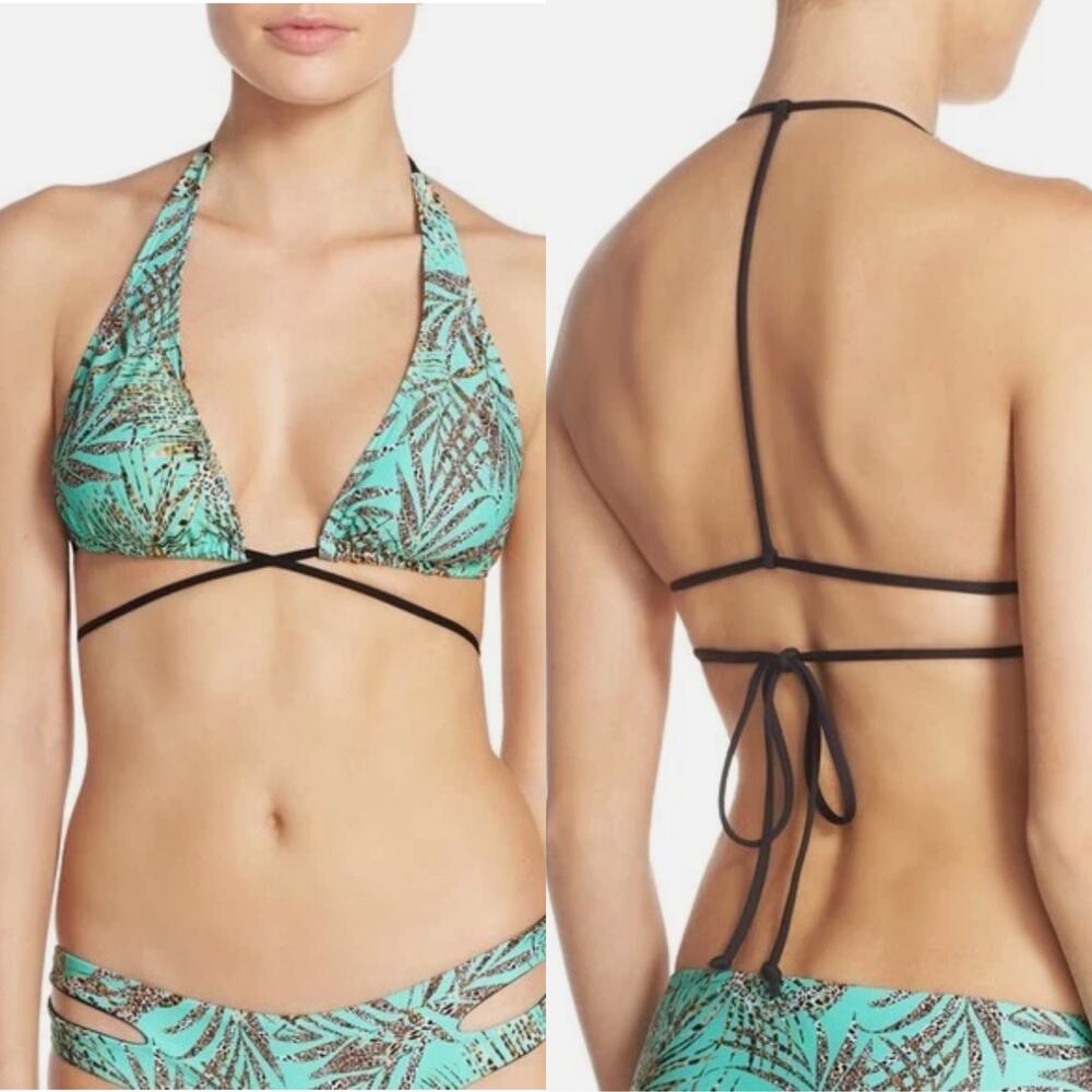 L Space Lexie Wrap Bikini Top Pools & Palms Print Blue Green Size Large